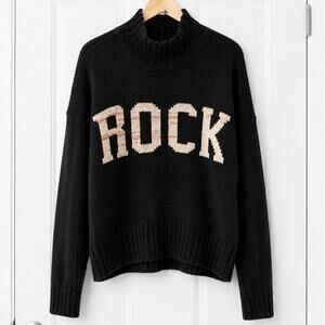 Women’s Black ROCK Graphic Turtleneck Sweater Size Medium Oversized Chunky Knit